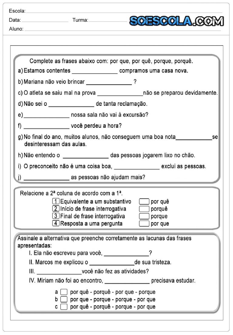 Atividade de Português sobre uso do Porque SÓ ESCOLA