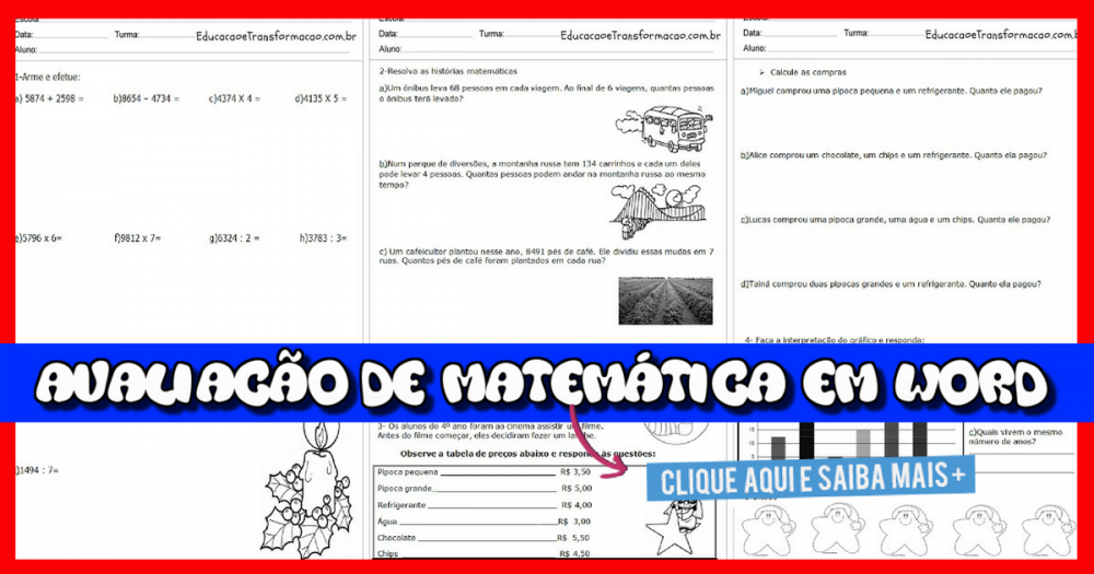 Avaliação de Matemática 4 ano Baixe em Word Ensino Fundamental