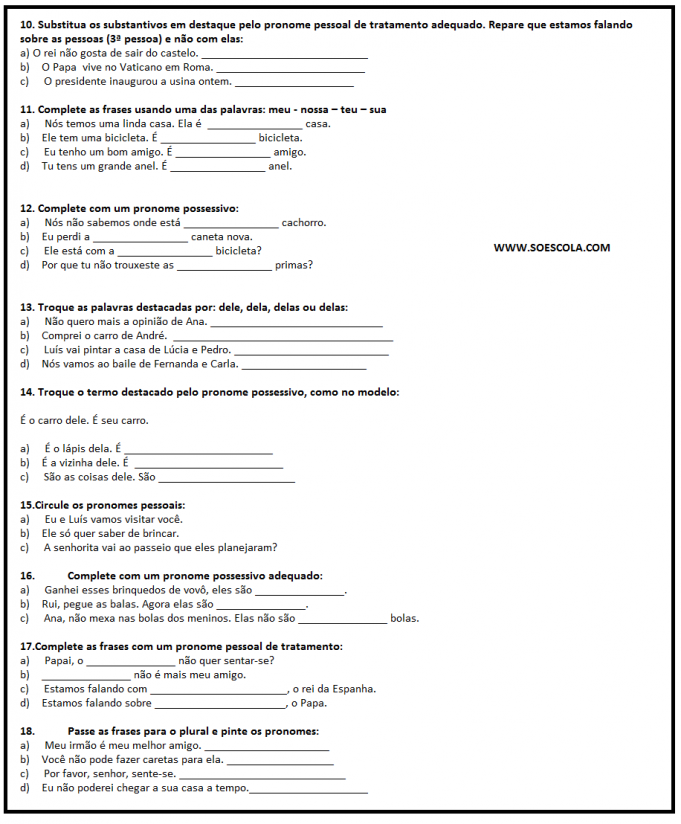 Pronomes Atividadeseexerciciosparaimprimir Soescola Com S Escola