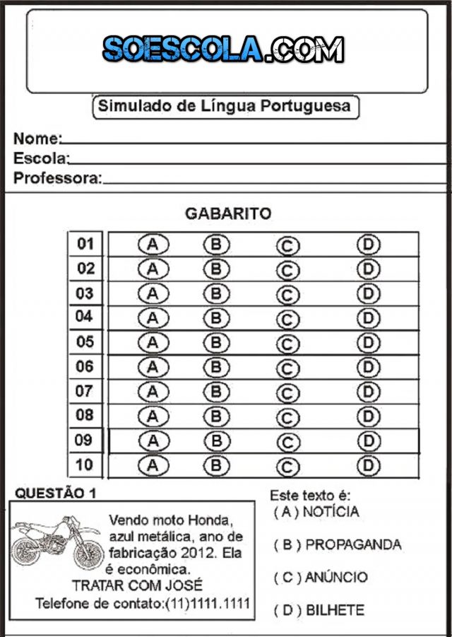 LÍNGUA PORTUGUESA: Simulado Para 3º Ano Com Gabarito — SÓ ESCOLA