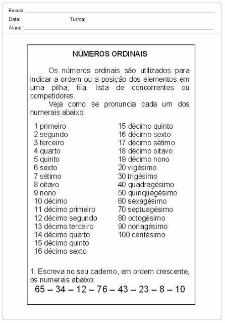 Atividades Numeros Ordinais 1 Ano Do Ensino Fundamental Entendendo Os Conceitos — SÓ Escola 9335