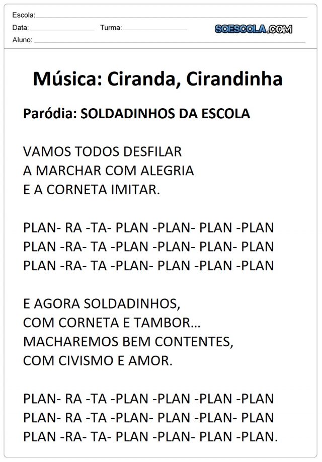 Musicas e paródias para o Dia do Soldado para imprimir. — SÓ ESCOLA