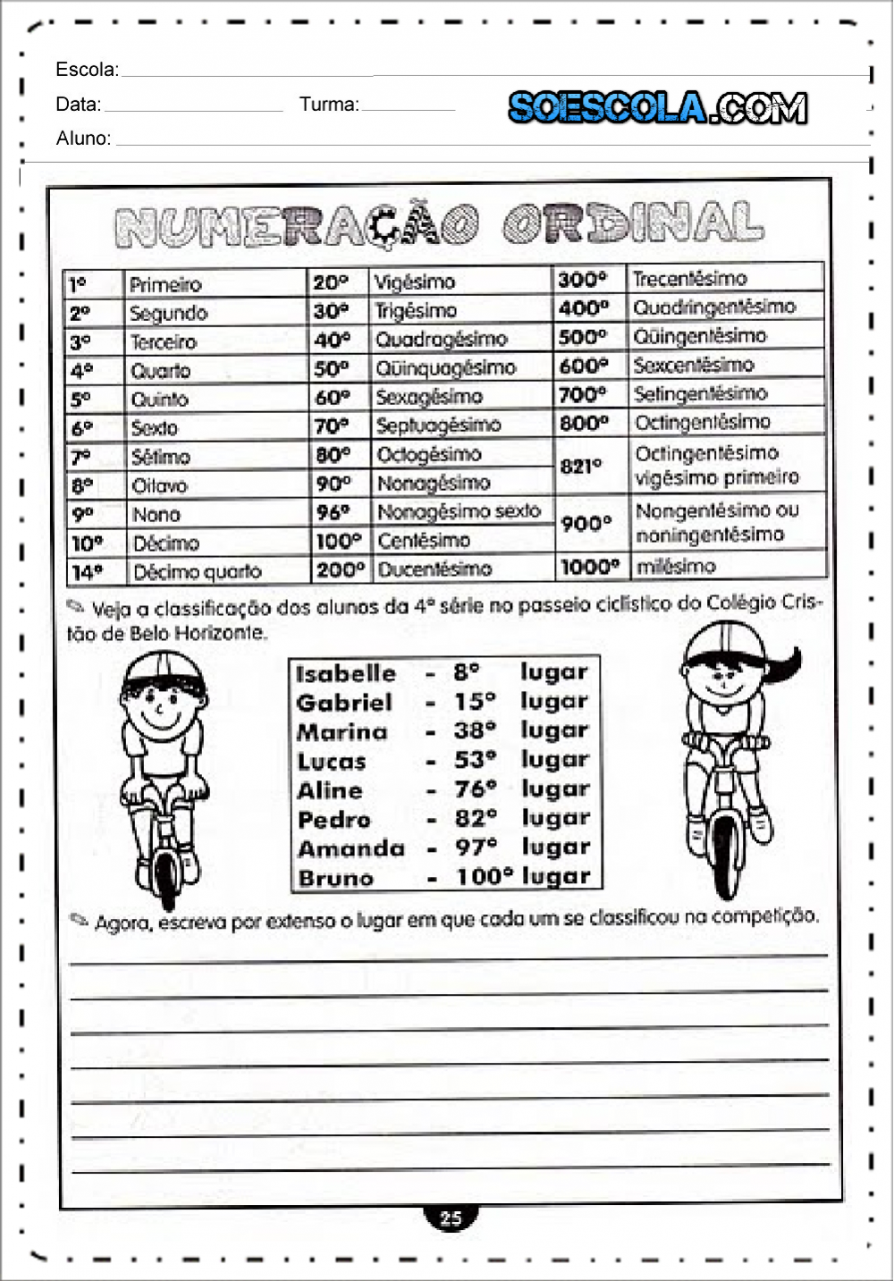 Numera O Ordinal Atividades Com N Meros Ordinais S Escola