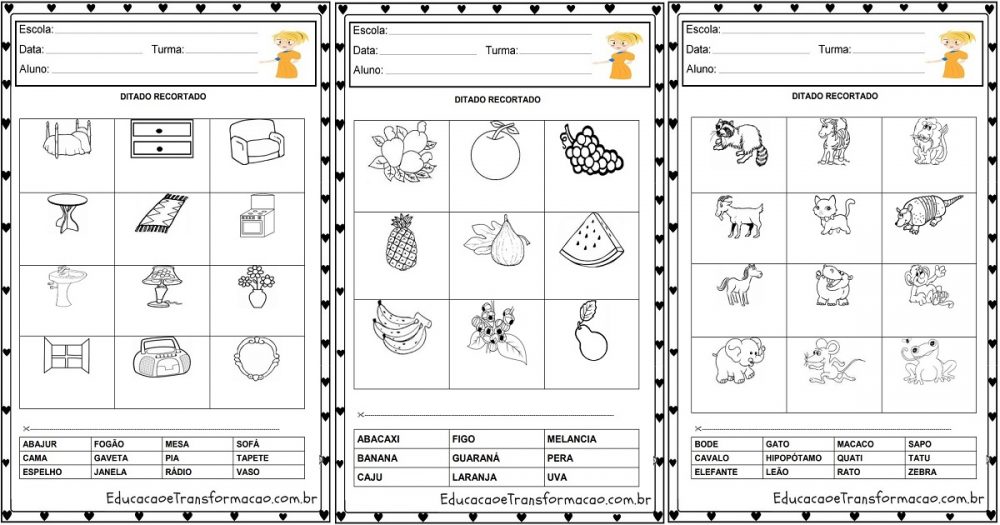 Atividades educativas ditado recortado pré silábico para imprimir em PDF.