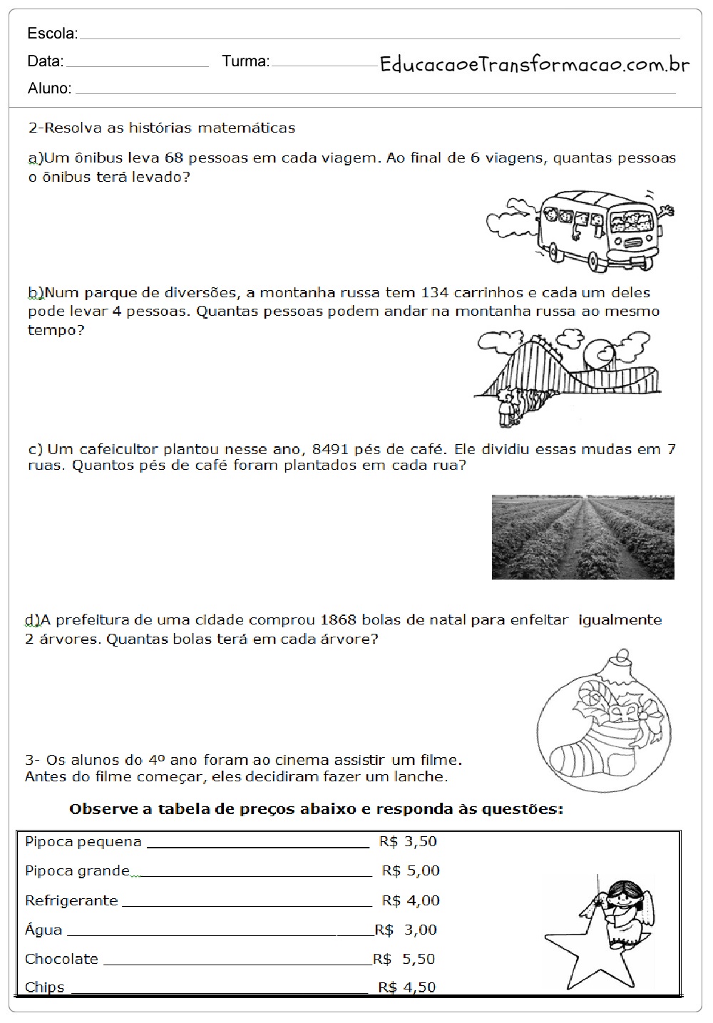 Avaliação de Matemática 4 ano em WORD - Para Imprimir.