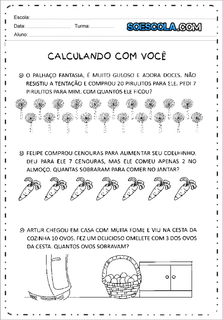 Problemas De Subtra O Para Imprimir S Escola