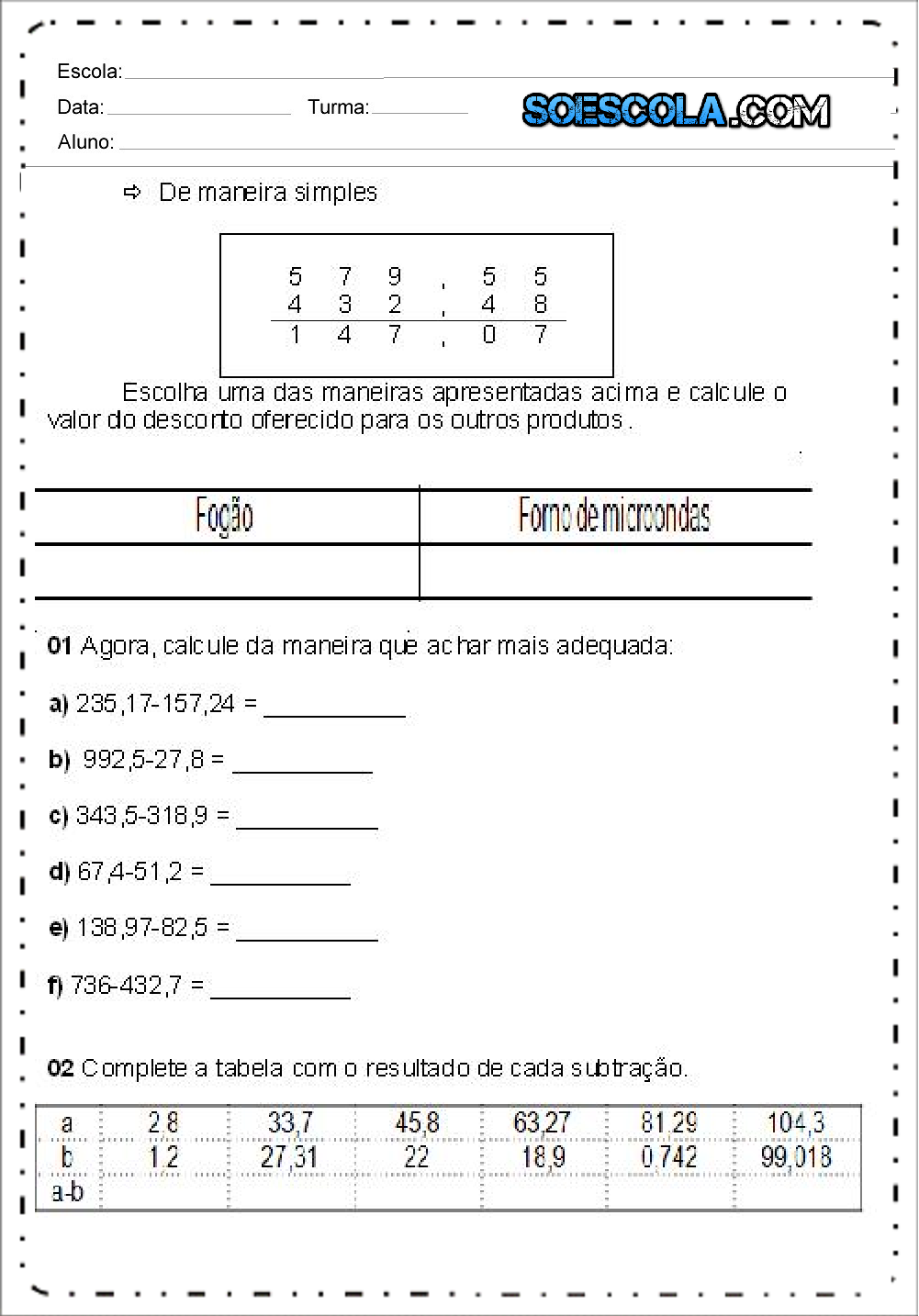 Atividades Números Decimais Para Imprimir — SÓ Escola 