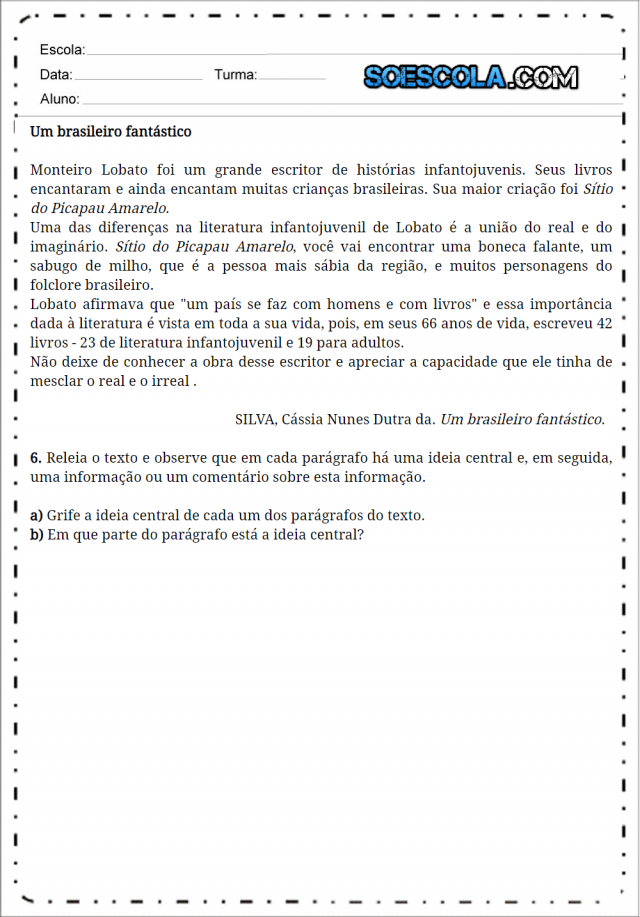 Atividades Sobre Parágrafo SÓ Escola 0700