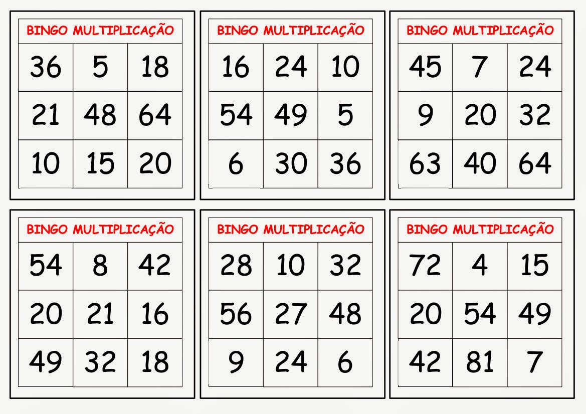 Cartelas de Bingo Para Imprimir Com Contas de Divisão Nível Médio