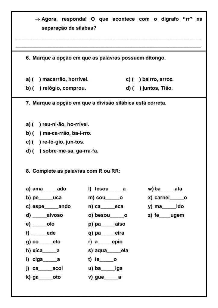 Ortografia: emprego da letra R e RR Atividade de língua portuguesa para  trabalhar o e…