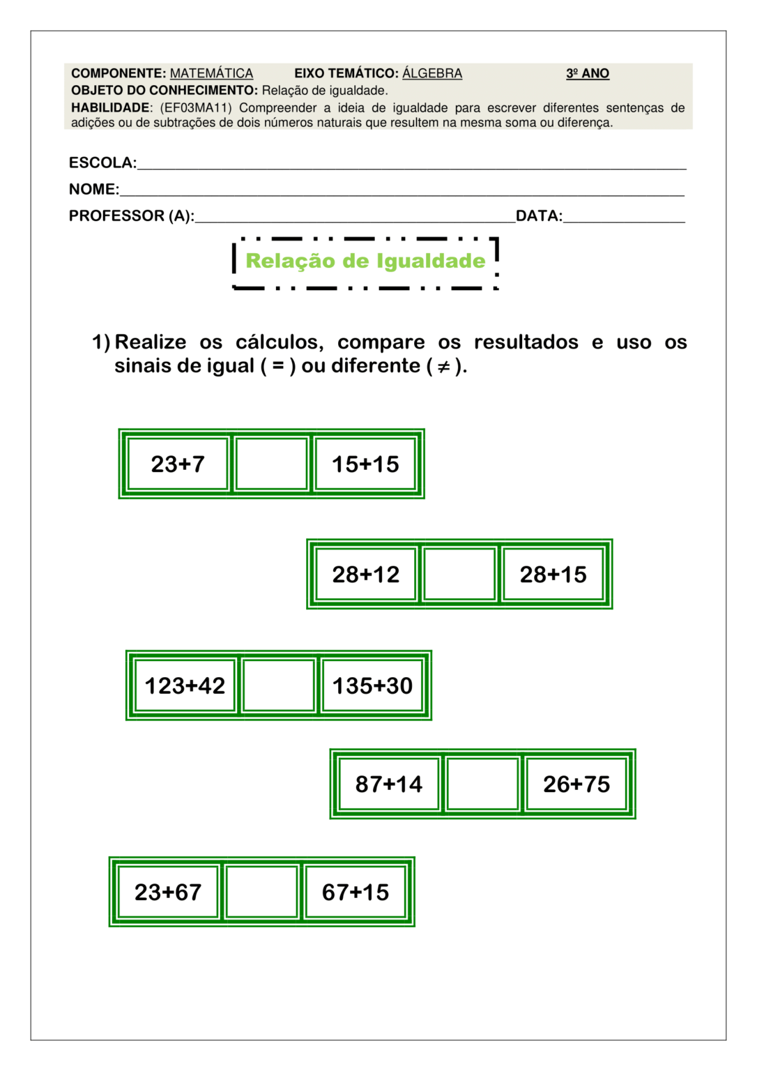 Atividades Matemática ao ano BNCC SÓ ESCOLA